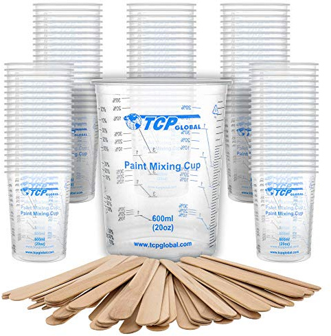 TCP Global 20 oz. (600ml) Graduated Plastic Mixing Cups - Box of 100 with 50 Mixing Sticks - Disposable Plastic Measuring Cups for Liquids, Paints, Resin, Epoxy, Art, Kitchen - Ratios 2-1, 3-1, 4-1 ML
