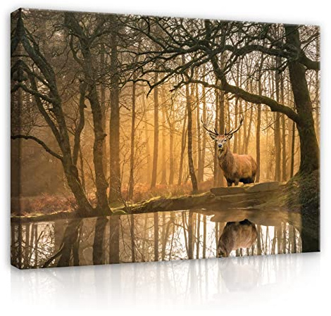 WallArena - Leinwand Bilder - Hirsch Wald Natur Beige Waldtiere Tiere - 120x80 cm Leinwandbilder - Bild auf leinwand - Wandbild XXL groß Wandbilder für Wohnzimmer Schlafzimmer Wohnzimmerbilder Modern