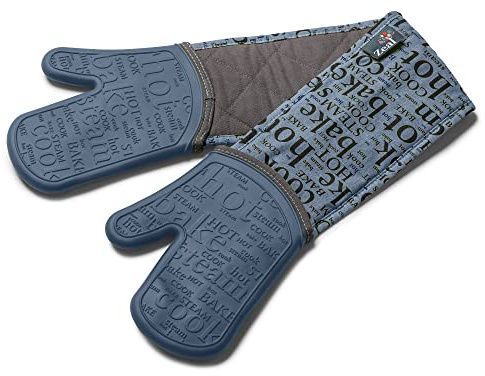 Zeal Silicone Double Oven Gloves, Heat, Steam and Water-Resistant Mitts with Quilted Fabric Inner, Non-Slip Grip. Perfect for Cooking and Baking. Machine Washable, Provence Blue