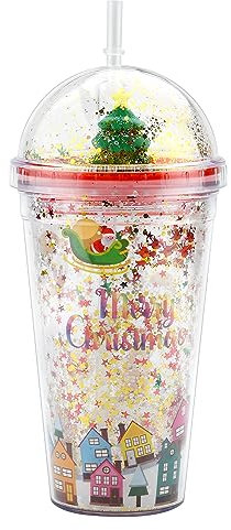 TSLBW Christmas Water Tumbler Drinking Tumbler 480ml Plastic Cups Christmas Straw Cup Double Wall Cup with Straw and Lid for Cold Water Coffee Juice Smoothies Tea