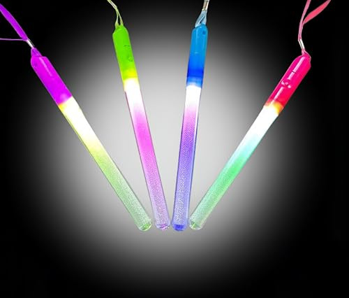 Pack of 4 Light Up Mini Glitter Flash Sticks - Button Activated Glow Sticks, 3 Flashing Modes, Includes Carry Strap Glow in the Dark Magical Wand, Assorted Colours