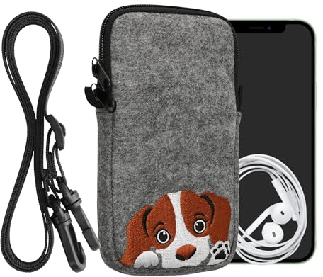 kwmobile Custodia in Feltro con Zip per Smartphone - Portacellulare a Tracolla - Porta Cellulare da Collo Universale - Cover Borsa Telefono - Cane Curioso