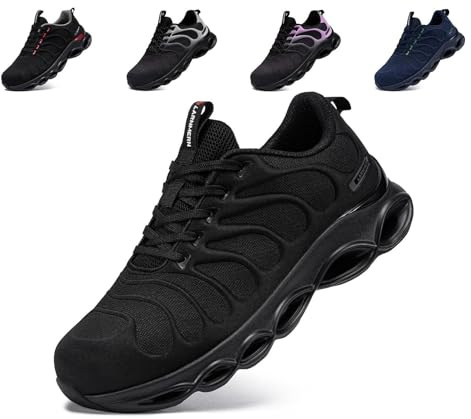 LARNMERN Zapatos ligeros de punta ancha de acero para hombre y mujer, Negro, 11.5 Women/9.5 Men