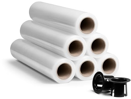 RAGO® Film etirable Demenagement Transparente Lot de 6 I 0,85 kg I 7,5 x 7,5 x 40 cm I Film plastique Emballage Noir I Film à Palette i Rouleau emballage Colis avec Distributeur 150m