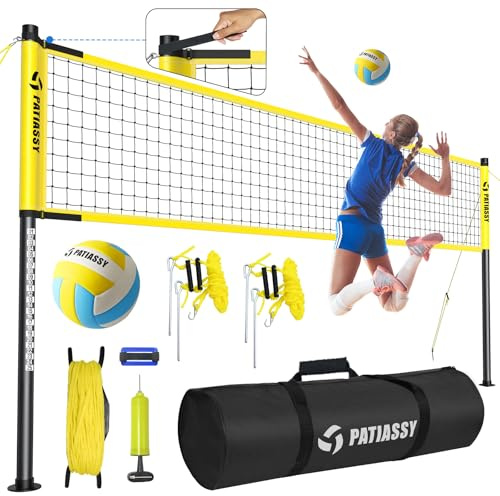 Patiassy Volleyballnetz Garten Outdoor Mobiles Set Mit Stangen, Höhenverstellbar Volleyball Netz, PU Volleyball, Handpume, Grenzlinie, Tragetasche für Rasen Standardgröße 9,5m* 1m (Geld)