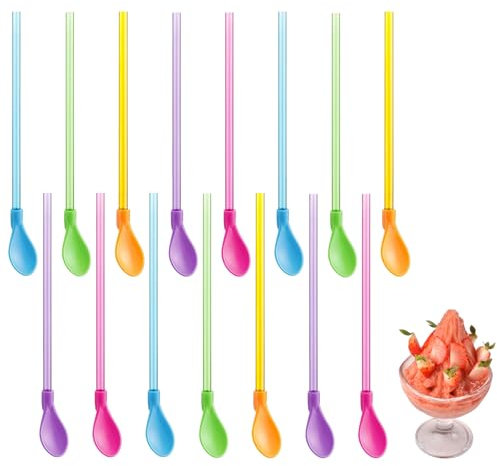 15pezzi 2 in1 Cucchiaio di Paglia Cannuccia Riutilizzabile,Cucchiaio da Cocktail,Cannucce Cucchiai Di Cannuccia,Cucchiaio a Cannuccia in Plastica Colorata,per Frullati,Cocktail,Frappè