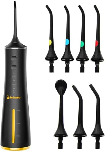 Bolusso Waterflosser – 7 Munstycken, Resefodral & Tungskrapa – Munvård för Plackborttagning, Fräsch Andedräkt & Tandköttsrengöring