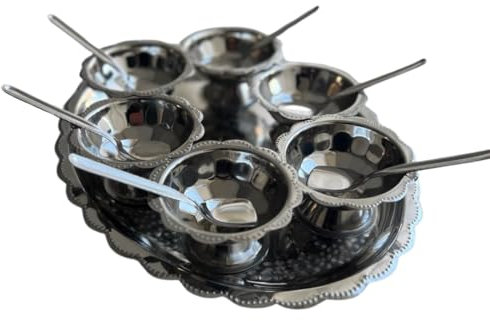 C&S Homestore 6 x SS Ice Cream Bowls Sundae Bowl Fruit Bowl Dessert Set with Tray & Spoons