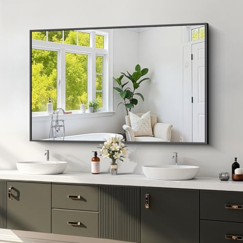 Koonmi Black Framed Bathroom Mirror - Shatterproof 30x48 Tempered Glass, HD No Distortion, Horizontal/Vertical Mount, Modern Matte Aluminum Alloy Frame