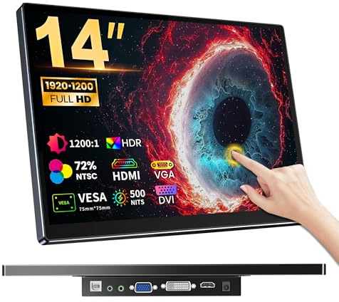 Ueplain Industria Monitor táctil portátil de 14 pulgadas con puertos HDMI VGA DVI, pantalla táctil FHD 1920×1200 compatible con ordenadores portátiles PC PS5/4, pequeño extensor pantalla HDR IPS 500
