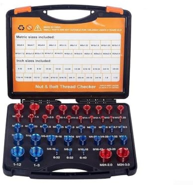 Lot de 46 jauges de filetage pour écrous et boulons pour tailles métriques et impériales, identificateur de pas de filetage en acier au carbone avec jauges rouge/bleu, STO organisé (36 pièces)