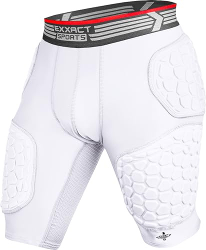Exxact Sports Elite 5-Pad Adult Football Girdle for Men with Cup Pocket, Padded Compression Shorts with Integrated Hip, Thigh, Tailbone Pads, Men's Girdle Football (AL, White)