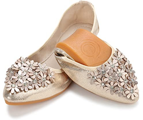 QIMAOO Womens Ballet Flats Pumps Foldable Ballerina Shoes for Women Ladies Flat Shoes Roll up Shoes Slip on Dolly Shoes - 4 UK (Daisy Gold)