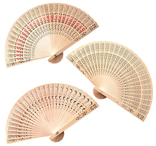 Morices 3 Pcs Hollowed Folding Hand Fan, Classic Style Handheld Delicate Hollow Out Wooden Fans, Decorative Hand Holding Fans for Dancing Wedding Party Favors Gift Home Wall Hanging Decoration