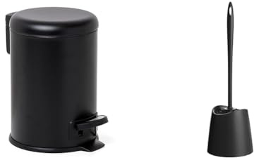 Tatay Papelera de baño de acero inoxidable con pedal, capacidad 3L, color negro. + Escobillero estándar, polipropileno, escobilla negra, color negro.