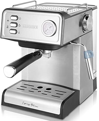 HEINRICHS Espressomaschine, Barista Siebträgermaschine mit 850W, 20 Bar Druck, Kaffeemaschine mit Milchaufschäumer, Doppelauslauf, abnehmbares Tropfgitter, 1.6 L Wassertank, Warmhalteplatte (Button)