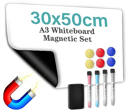 A3 Tableau Blanc Magnétique pour Réfrigérateur 30 * 50 CM, WECUTE Tableau Mémo Aimanté Frigo Effacable pour Planning, Cuisine, Note Inclut Stylo, Aimants et Effaceur