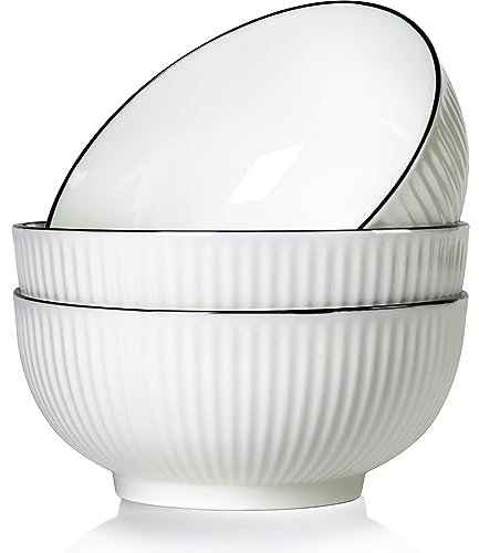QINLANG 60 oz Large Soup Bowl, Pho Bowls, Japanese Ramen Bowls Set of 3, 8 in Rimmed Off-White Porcelain Big Bowls for Eating
