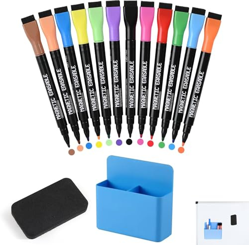 YanBous Set di 14 Marcatori Magnetici Colorati & Cancellino con Scatola di Conservazione Blu - Lavagne, Pennarelli Colorati, Ideale per la Creazione e l'Organizzazione Creativa in Casa e Ufficio