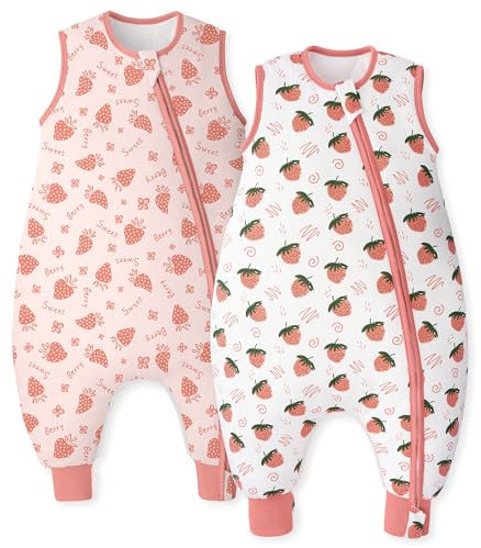 Unnivoll Baby Schlafsack mit Füßen 1,5 Tog 2er Pack Schlafsack Baby Baumwolle Ganzjahre Schlafsack mit Beinen Babyschlafsack Weich 80 cm für Jungen Mädchen Erdbeere