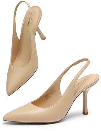 DREAM PAIRS Dam klackar slingback stilettpumps skor spetsig stängd tå klänning brud elegant bröllop sexiga festskor, Nude-pu, 42 EU