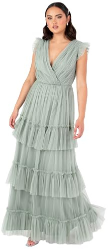 Anaya with Love Women's Maxi Dress Ladies Short Sleeve V-Neck Wrap Tiered Ruffle Tulle A-Line Wedding Guest Bridesmaid Prom Ball Gown, Vert givré 48
