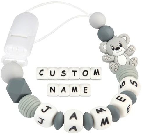 Yolnkos Attache Sucette Nom Personnalisé Prenom Teddy Ours Tetine Clips Chaîne pour Bébé Filles Garçons(Gris)