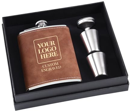 Custom Logo Whiskey Flask Gift Set for Men, 8 oz 304 Stainless Steel Engraved Hip Flasks, Custom Flask for Men Gifts (Brown)