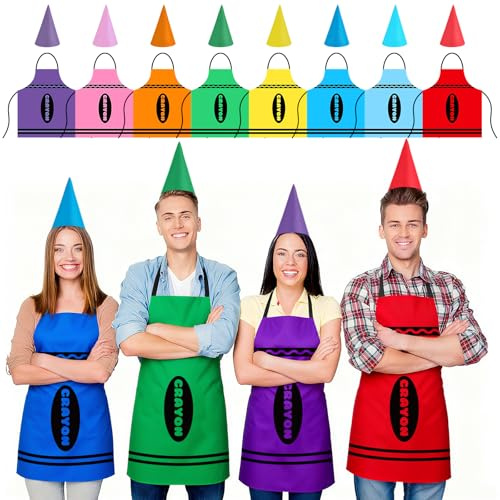 gisgfim 8 Set Crayon Aprons and Cone Hats Set Colorful Crayon Costume Crayons Suit Outfit for Adults Men Women Family Group Teacher Fancy Dress Halloween Cosplay Dress up
