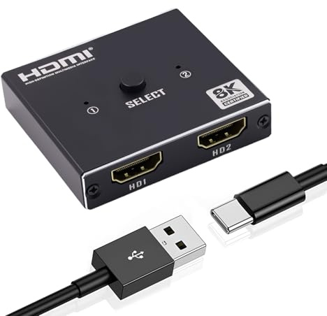 Duttek Répartiteur HDMI 8K 1 entrée 2 sorties, commutateur HDMI 2.1 2 en 1 prise en charge bidirectionnelle, 8K @ 60 Hz HDR pour Xbox Series, PS5/PS4/PS3, Roku, Apple TV, PC, Fire Stick