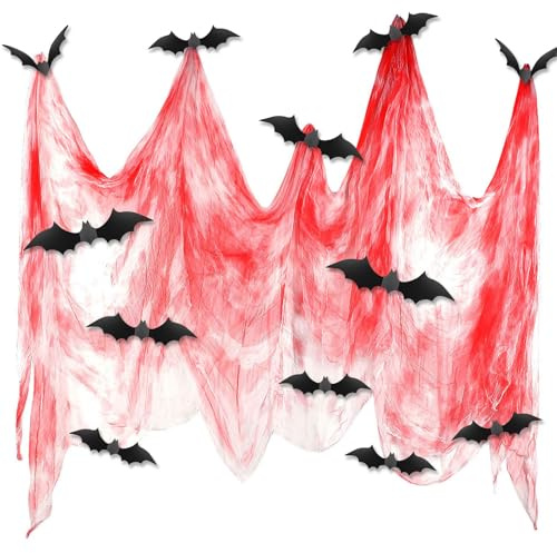Spetsbst Halloween Deko Stoff 6 Stück Blut Tuch Spinnennetz Baumwollgarn 76x183cm Horror Dekoration Gaze Gruseliges Tuch mit 12 Fledermaus Aufkleber für Halloween Party Hängende Dekoration