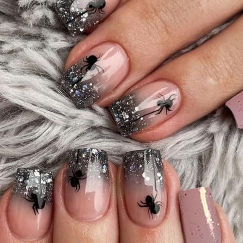 Ceboic 24Pcs Halloween False Nails Short Square, Nude Pink French Press on Nails with Black Spider Design, Glitter Sequins Acrylic Glossy Full Cover Fake Nail Natural Reusable Stick on Nails for Women