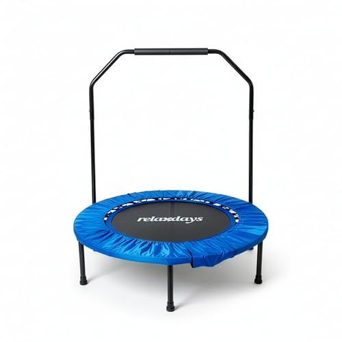 Relaxdays Trampolín Plegable con Barra de Agarre, Ø 102 cm, hasta 120 kg, Interior, Azul, 113 x 102 x 102 cm