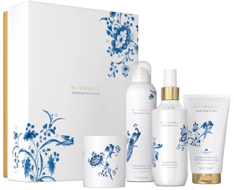 Rituals Amsterdam Collection Set de regalo L, tulipán holandés y yuzu, 4 piezas con gel de ducha, crema corporal, vela y perfume para el hogar, diseño azul Delft