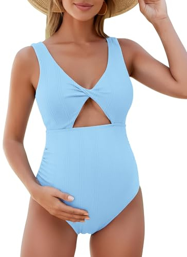FEOYA Graviditet baddräkt V-ringad damer moderskap baddräkt mammabikini främre kors bikini för gravida kvinnor med avtagbar bröstvaddering badkläder för kvinnor S–XL, blå, M