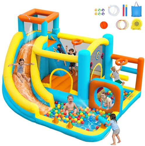 SportBob Hüpfburg mit Wasserrutsche, Gebläse, Bällebad, Sprungbereich, Wasserfallrutsche, Kletterwand und Basketballkorb für Indoor Outdoor, Park und Familienzusammenkünfte,368x297x215cm