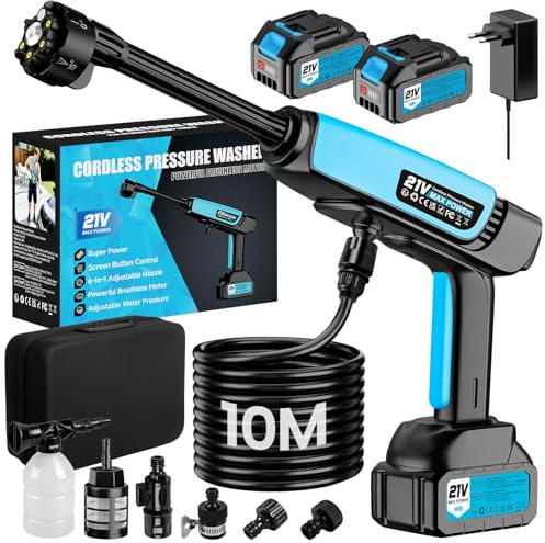 Idropulitrice Portatile a Batteria,Idropulitrice a Batteria 21V 80 bar,2x 4000mAh Ricaricabile Ugello 6 in 1 Tubo da 10M,Senza Fili Potente Pulivapor Portatile,Per Giardino Auto e Pulizie Esterne Casa