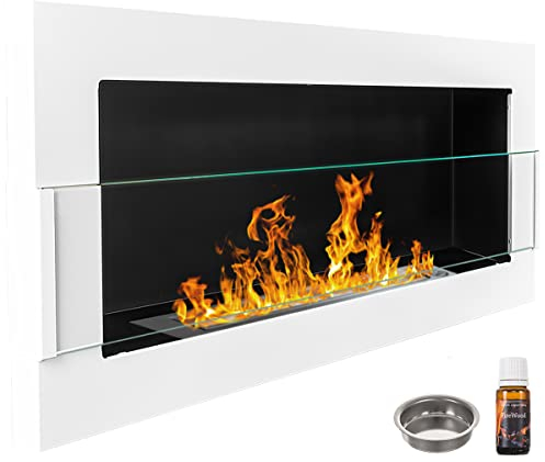 900 x 400 mm Bio ethanolkamin Wandkamin weiß + Glas