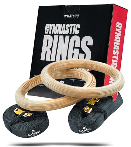 MATCHU - Gymnastikringe - Turnringe - Fitnessringe - Gymringe - Aus Holz - Belastbar bis 400kg - Verstellbar - 2 Stück - Inkl. 4m Langer Verstellbarer Spanngurte - Schwarz