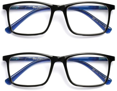 OPULIZE INK Reading Glasses - Value 2 Pack - Large Rectangular Frame - Spring Hinges - Scratch Resistant - Black Blue Arm - Mens Womens +3.00