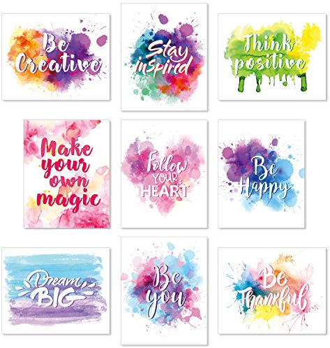 Set of 9 Watercolor Inspirational Wall Art Prints Abstract Paint Motivational Quote Phrases Posters for Living Room Office Classroom Kids Room Decoration 8x10inch Unframed