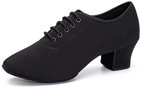 AOQUNFS Latin dansskor dam stängd tå snörning sås tango modern jazz praktiska träningsskor låg klack, NJB-5, Svart 5 cm delad mocka yttersula, 36 EU