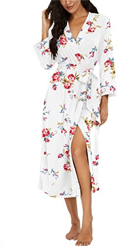 PrinStory Damen Morgenmantel V-Ausschnitt Bademantel 3/4 Ärmeln Morgenrock Gestrickt Nachtwäsche Lang Saunamantel (FP-Weiß, M)