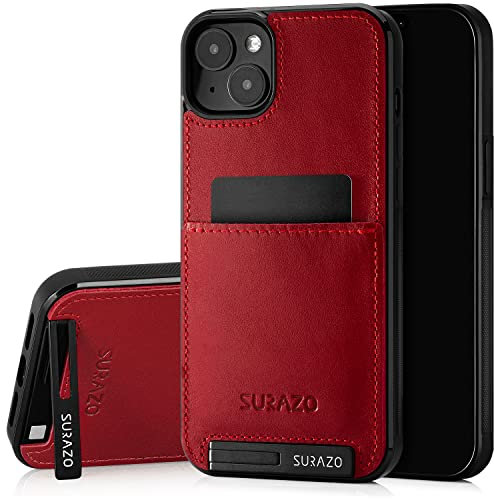 SURAZO Premium äkta läder-bakfodral för Apple iPhone 14 fodral – stötsäkert läder mobiltelefonfodral med [kortfack, stativfunktion, nyckelringar] vintage smal stötfångare skyddsfodral (Costa röd)