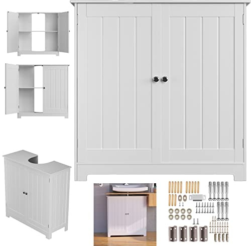 Bathroom Under Sink Cabinet Floor Mounted Storage Cabinet/Stylish and Elegant/Multi Functional/Easy to Assemble, U-Shaped Opening Design, Double Door, White Adjustable Shelf Storage Cabinet