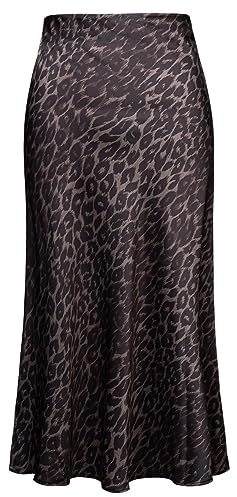Soowalaoo Womens Skirt Midi Long Length Silk Satin High Waisted Elastic Casual Trendy Summer Skirts Leopard Dark XL