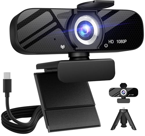 Tewiky Full HD Webcam with Built-in Microphone and Rotatable Tripod, 1080P Video and Wide Angle Camera, Privacy Cover, for Desktop PC or Laptop Computer