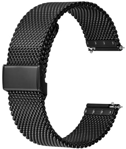 BISONSTRAP 316L Edelstahl Mesh Uhrenarmband für Damen und Herren, Gewebtes Metall Armband, 20mm, Schwarz