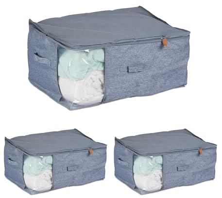 Relaxdays Unterbettkommode, 3er Set, Stoff, mit Sichtfenster, HxBxT: 28x58x45 cm, Unterbettbox flach, grau/transparent