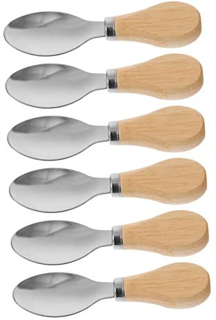 OUNONA 6pcs Wooden Handle Short Spoon Stainless Steel Kitchen Butter Scoop Swiss Cheese Spoon Multifunctional Cooking Tool